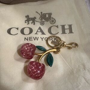 Coach Pink Glitter Cherry Keychain with Green Leaves